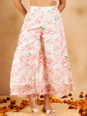 White Peach Floral Print Organza Palazzo