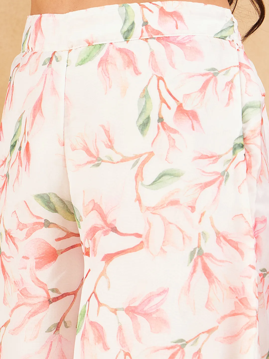 White Peach Floral Print Organza Palazzo