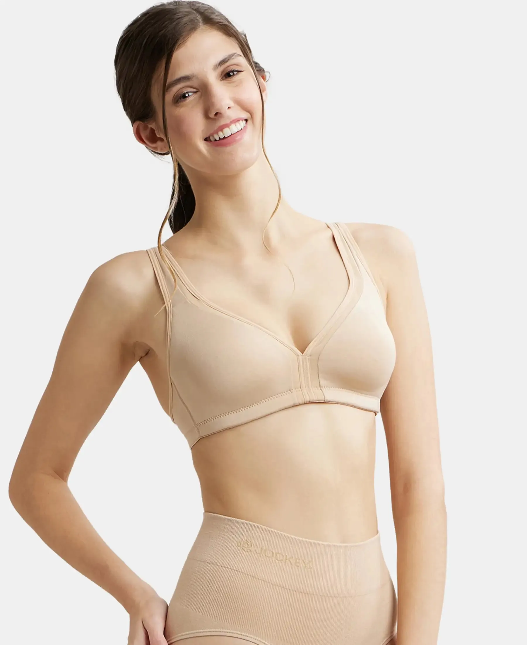 Wirefree Non Padded Soft Touch Microfiber Elastane Stretch Full Coverage Everyday Bra with Stylised Mesh Panel - Light Skin
