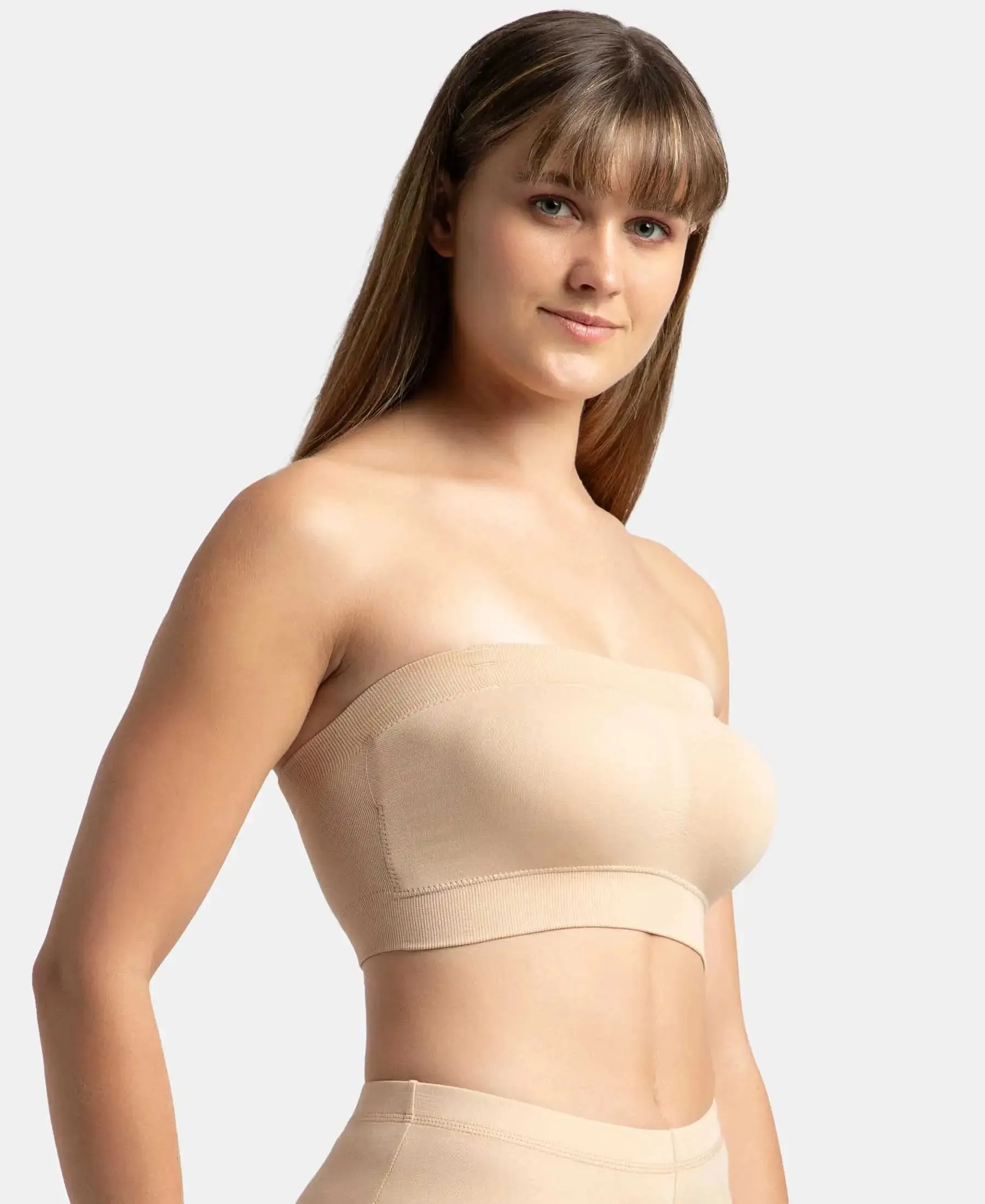 Wirefree Padded Micro Touch Nylon Elastane Stretch Bandeau Bra with Removable Pads and Detachable Transparent Straps - Light Skin