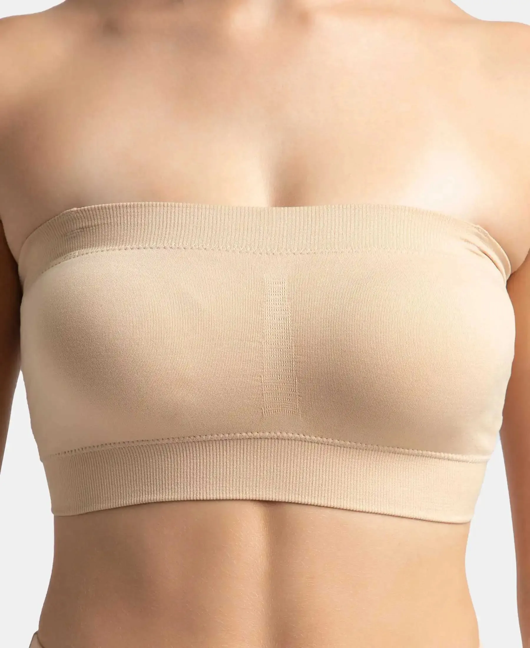 Wirefree Padded Micro Touch Nylon Elastane Stretch Bandeau Bra with Removable Pads and Detachable Transparent Straps - Light Skin