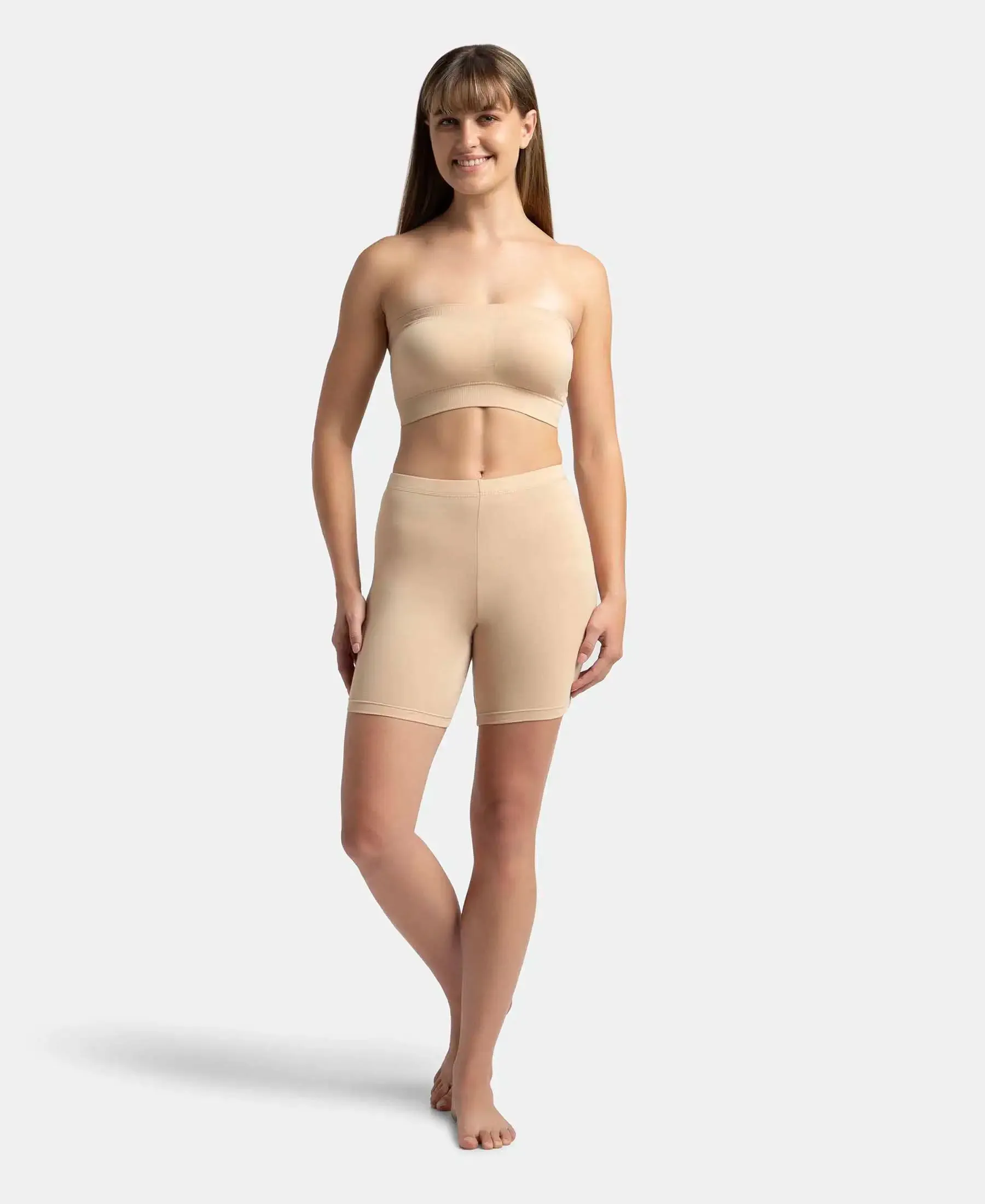 Wirefree Padded Micro Touch Nylon Elastane Stretch Bandeau Bra with Removable Pads and Detachable Transparent Straps - Light Skin