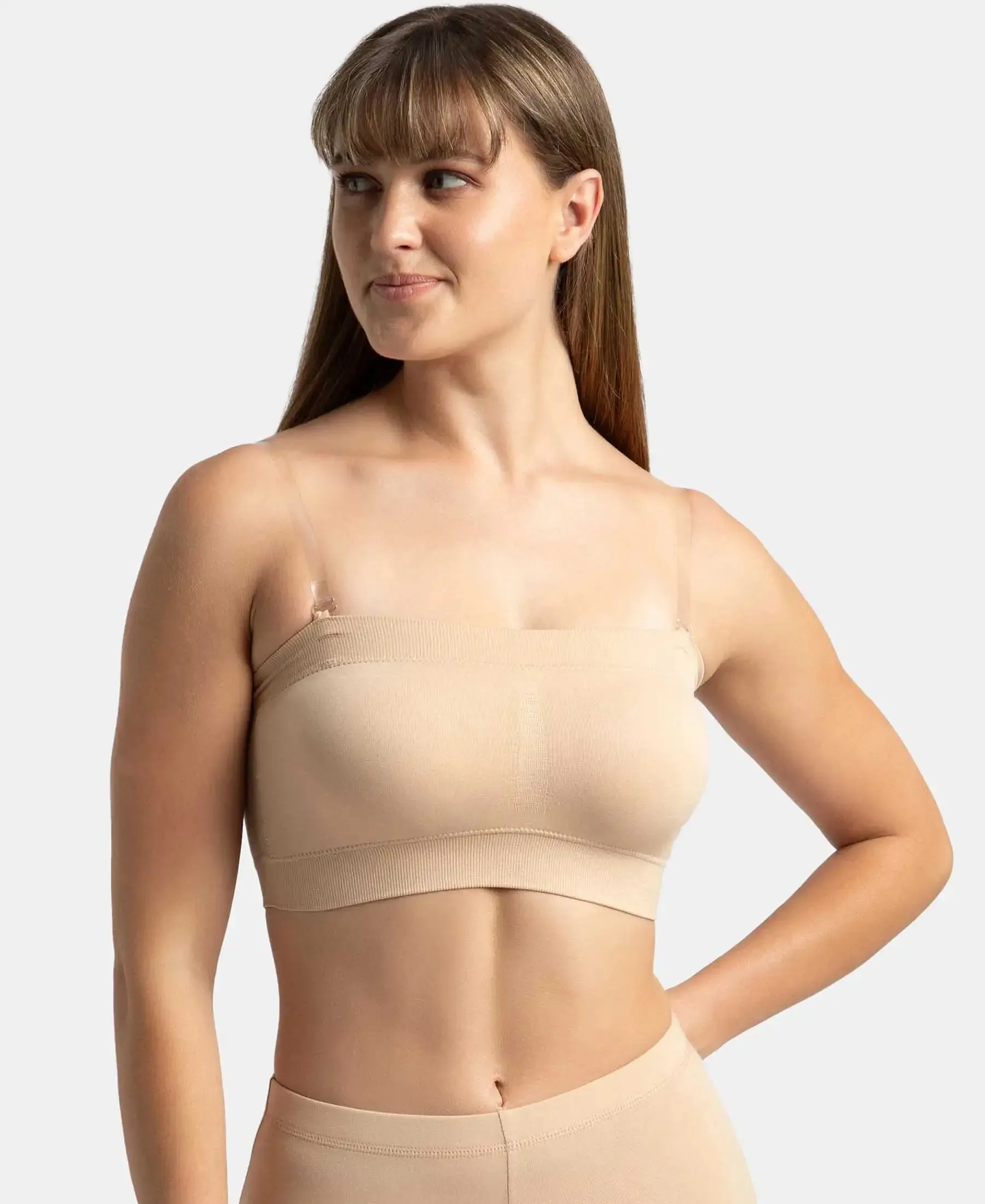 Wirefree Padded Micro Touch Nylon Elastane Stretch Bandeau Bra with Removable Pads and Detachable Transparent Straps - Light Skin