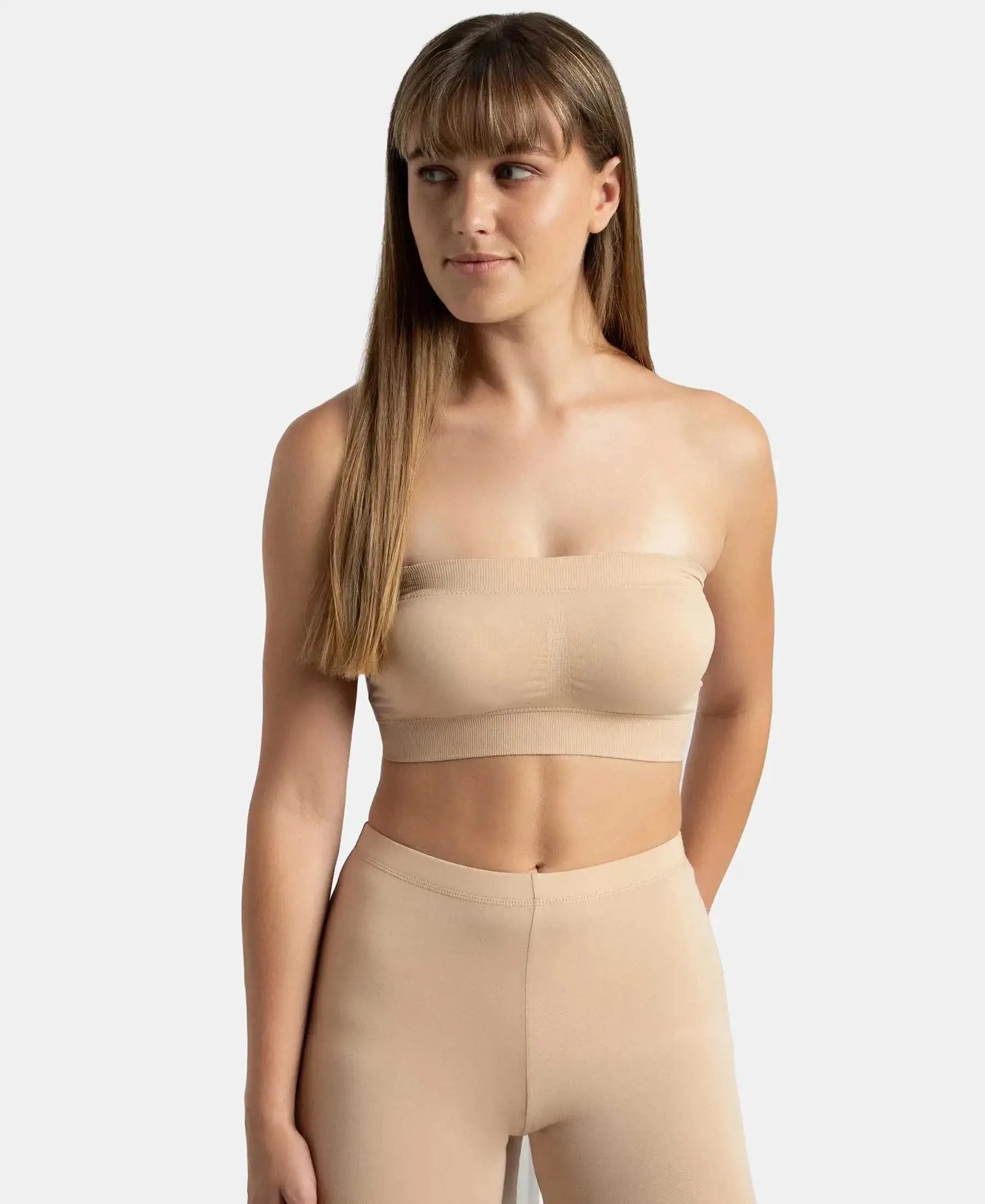 Wirefree Padded Micro Touch Nylon Elastane Stretch Bandeau Bra with Removable Pads and Detachable Transparent Straps - Light Skin