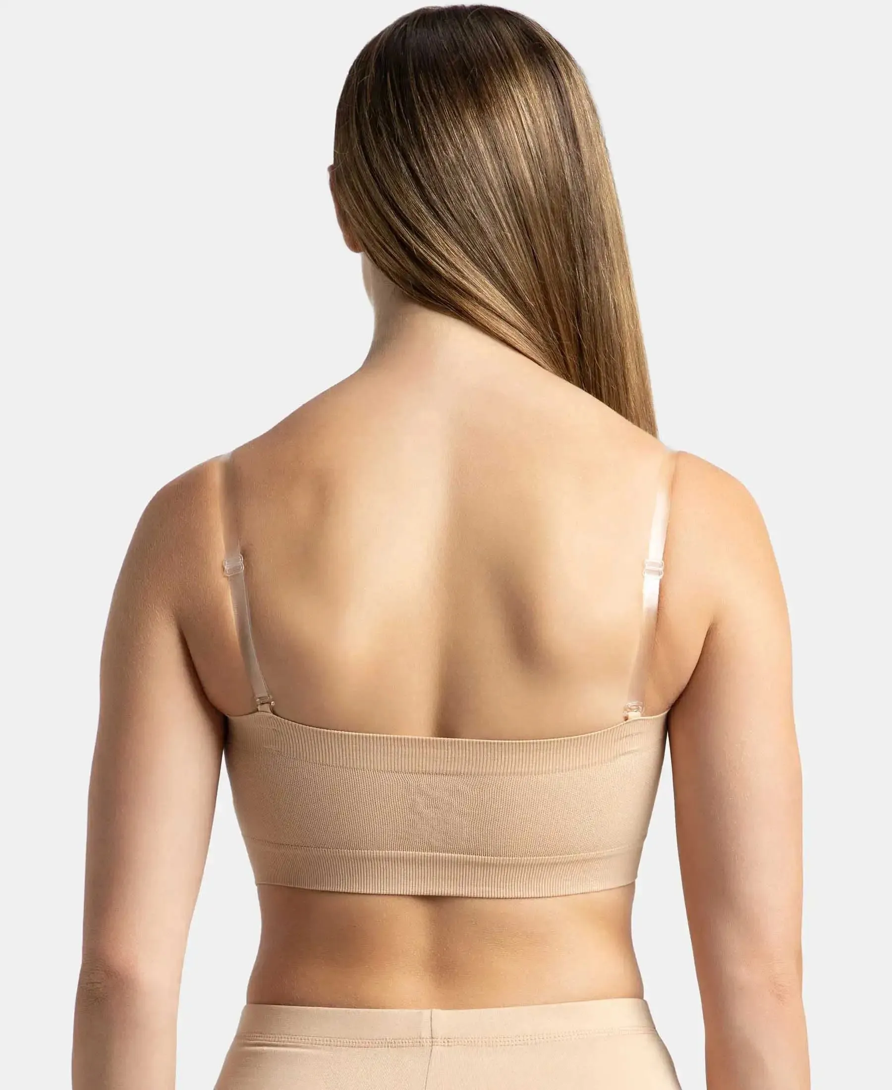 Wirefree Padded Micro Touch Nylon Elastane Stretch Bandeau Bra with Removable Pads and Detachable Transparent Straps - Light Skin
