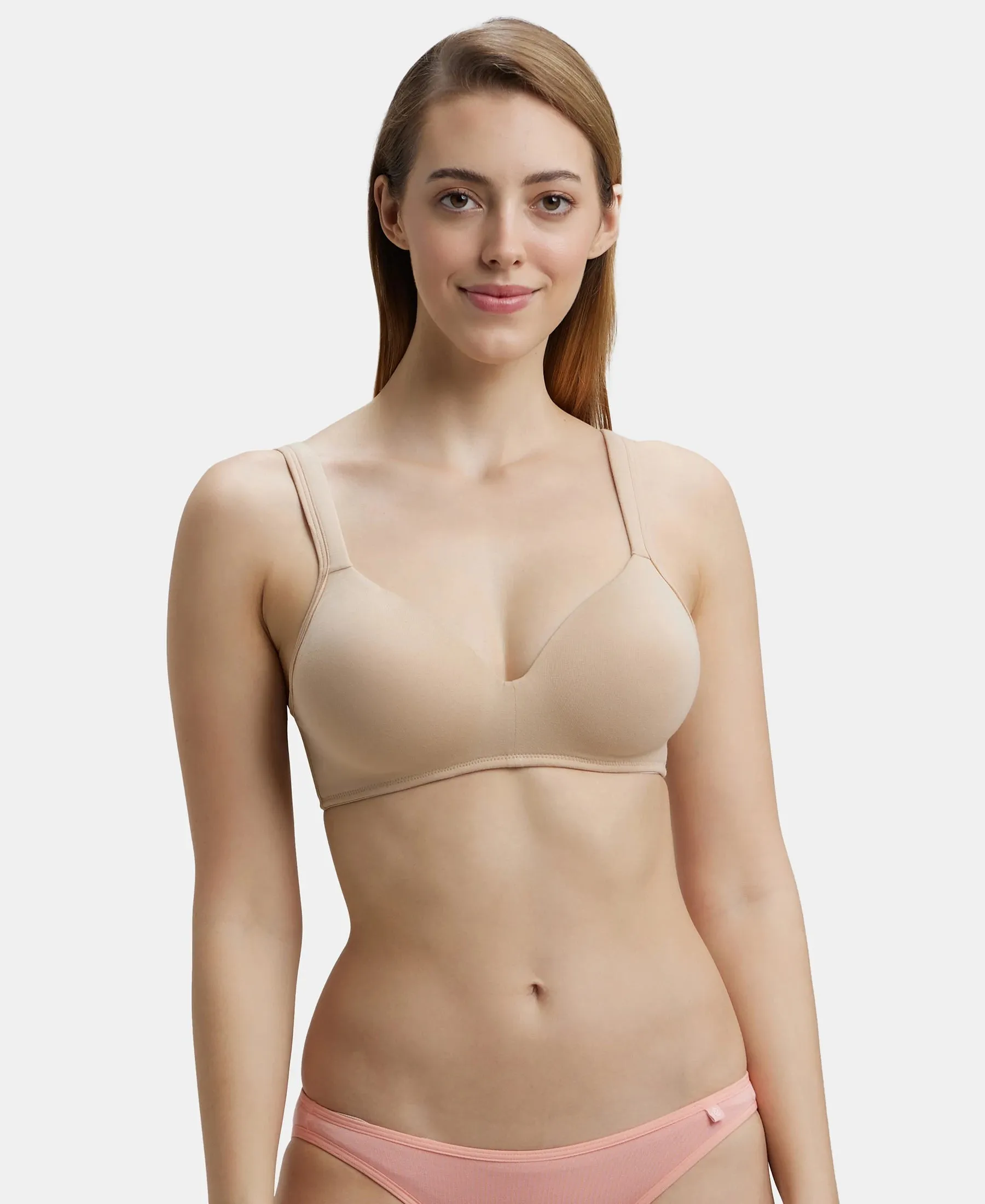 Wirefree Padded Super Combed Cotton Elastane Stretch Full Coverage Lounge Bra with Broad Cushioned Fabric Strap - Light Skin