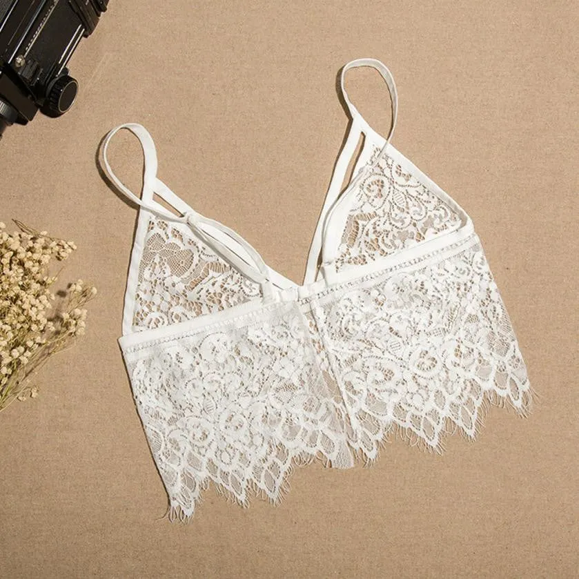 Women Crop Tops Hollow Out Camis Translucent Underwear Sheer Lace Frenum Strap Lingerie Bra Tops #2154