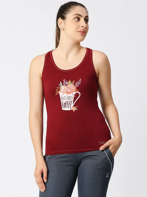 Women Maroon Solid Top - Floral Cup Racerback-MN