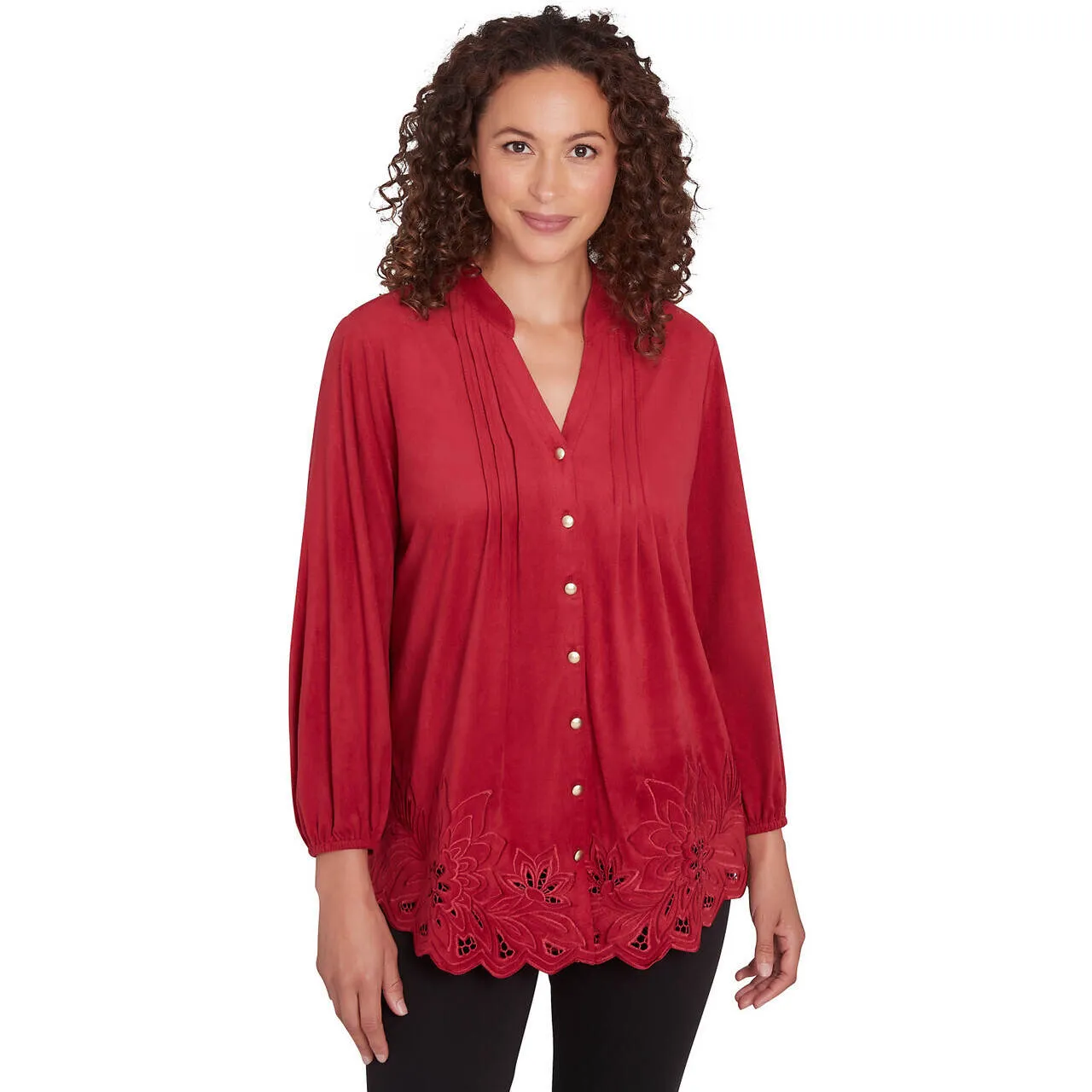 Women's Button Front Stretch Faux Suede Top - 34551