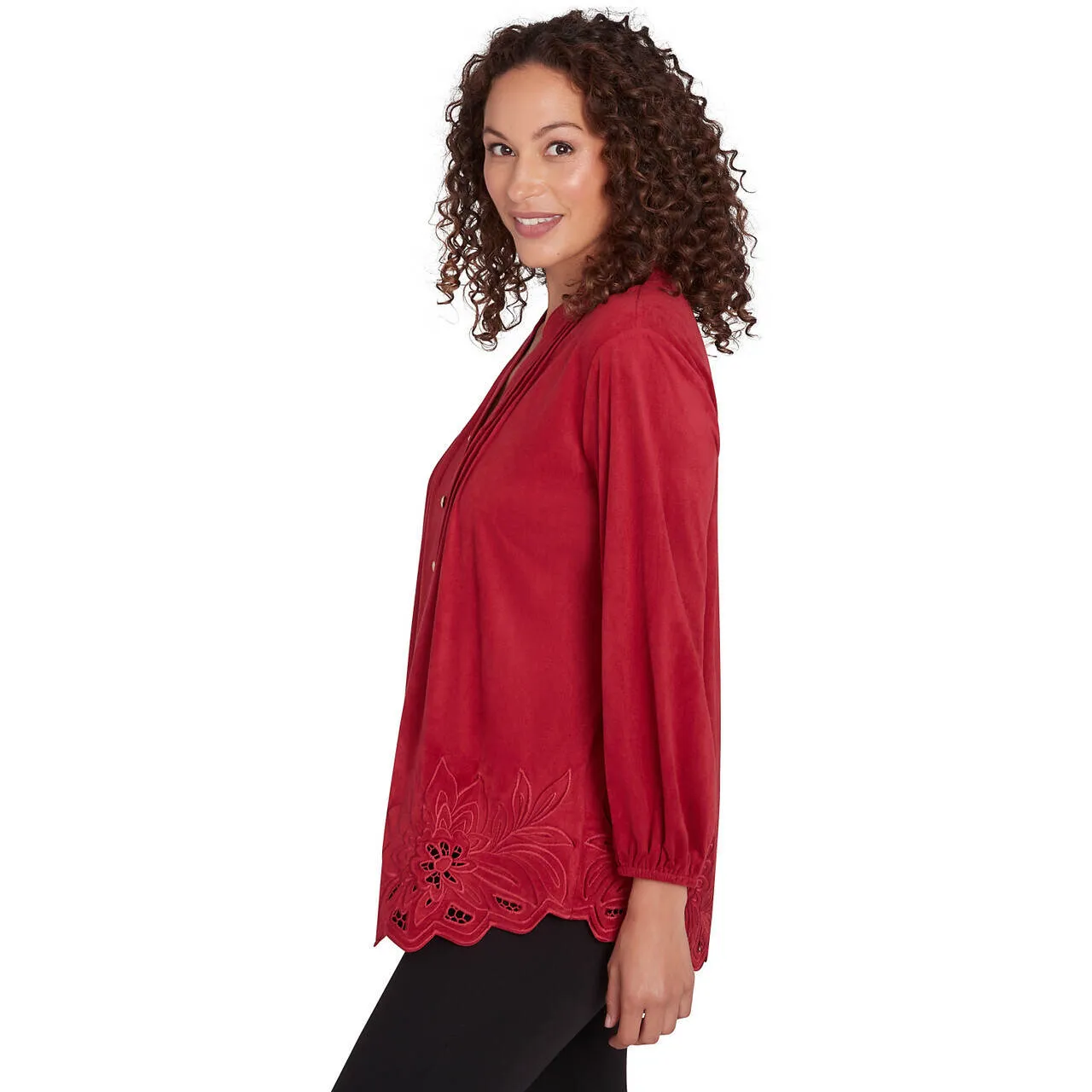 Women's Button Front Stretch Faux Suede Top - 34551