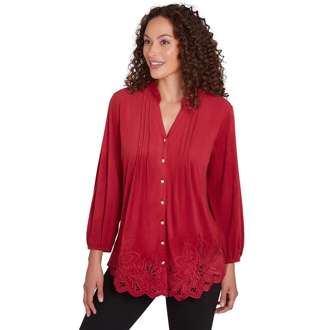 Women's Button Front Stretch Faux Suede Top - 34551