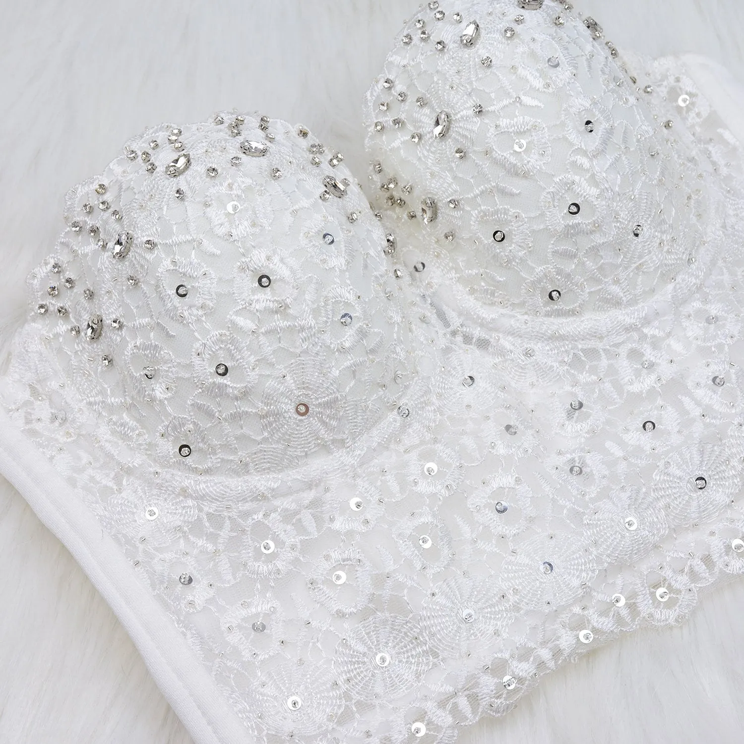 Women's Natural Reigning Lace Rhinestone Bustier Crop Top Sexy Mesh Corset Top Bra White