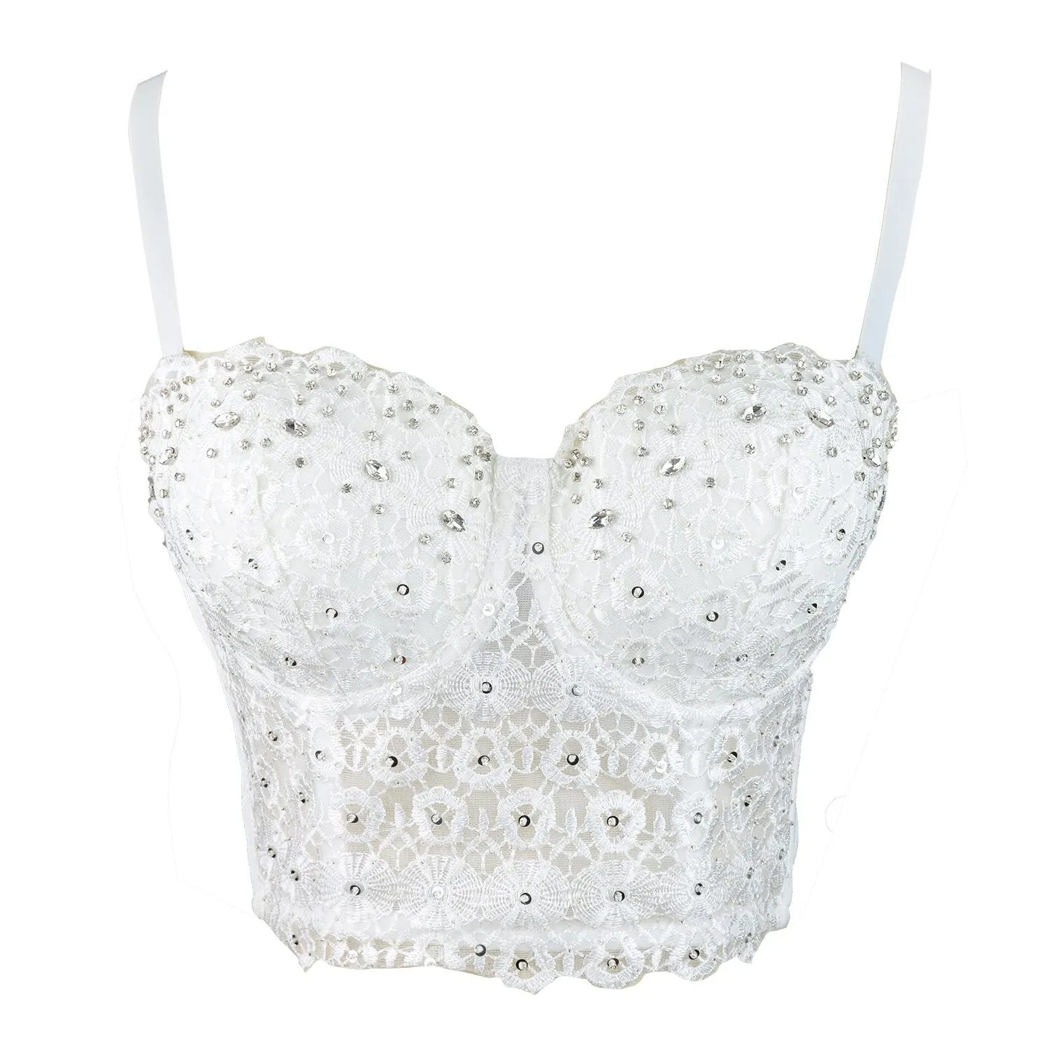 Women's Natural Reigning Lace Rhinestone Bustier Crop Top Sexy Mesh Corset Top Bra White