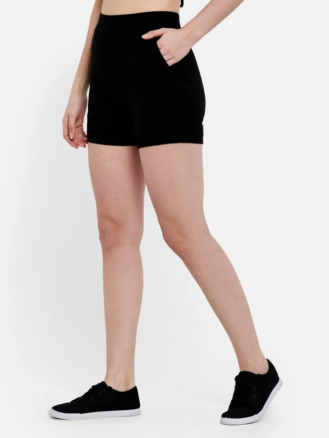 Women's Patched Pocket Cotton Modal Spandex Shorts (Black)