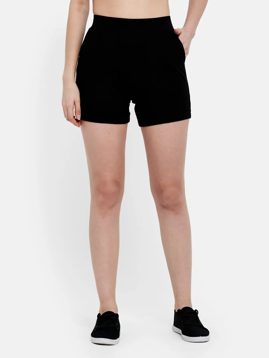 Women's Patched Pocket Cotton Modal Spandex Shorts (Black)