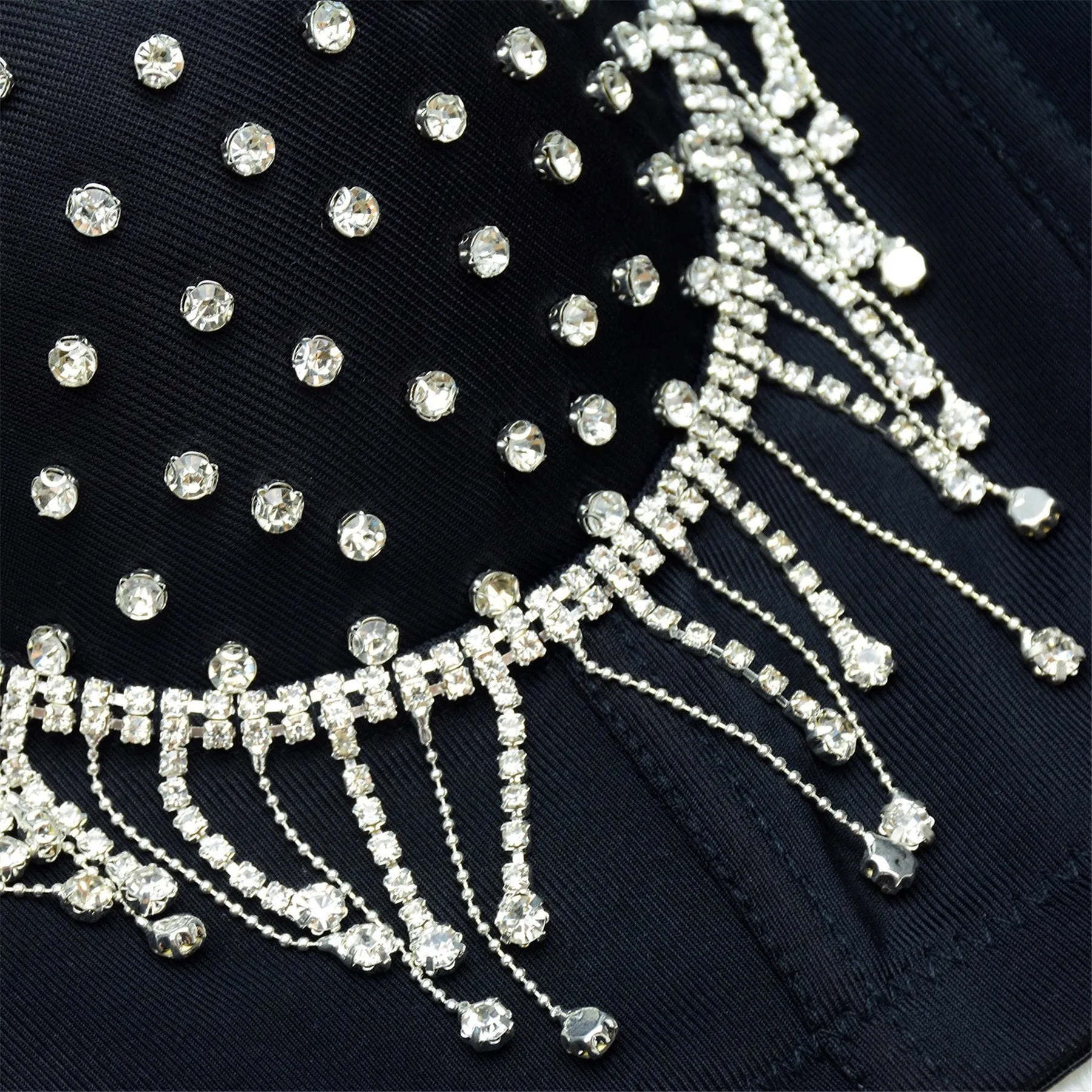 Women's Tassel Rhinestone Diamond Bustier Crop Top Luxury Corset Bra Black