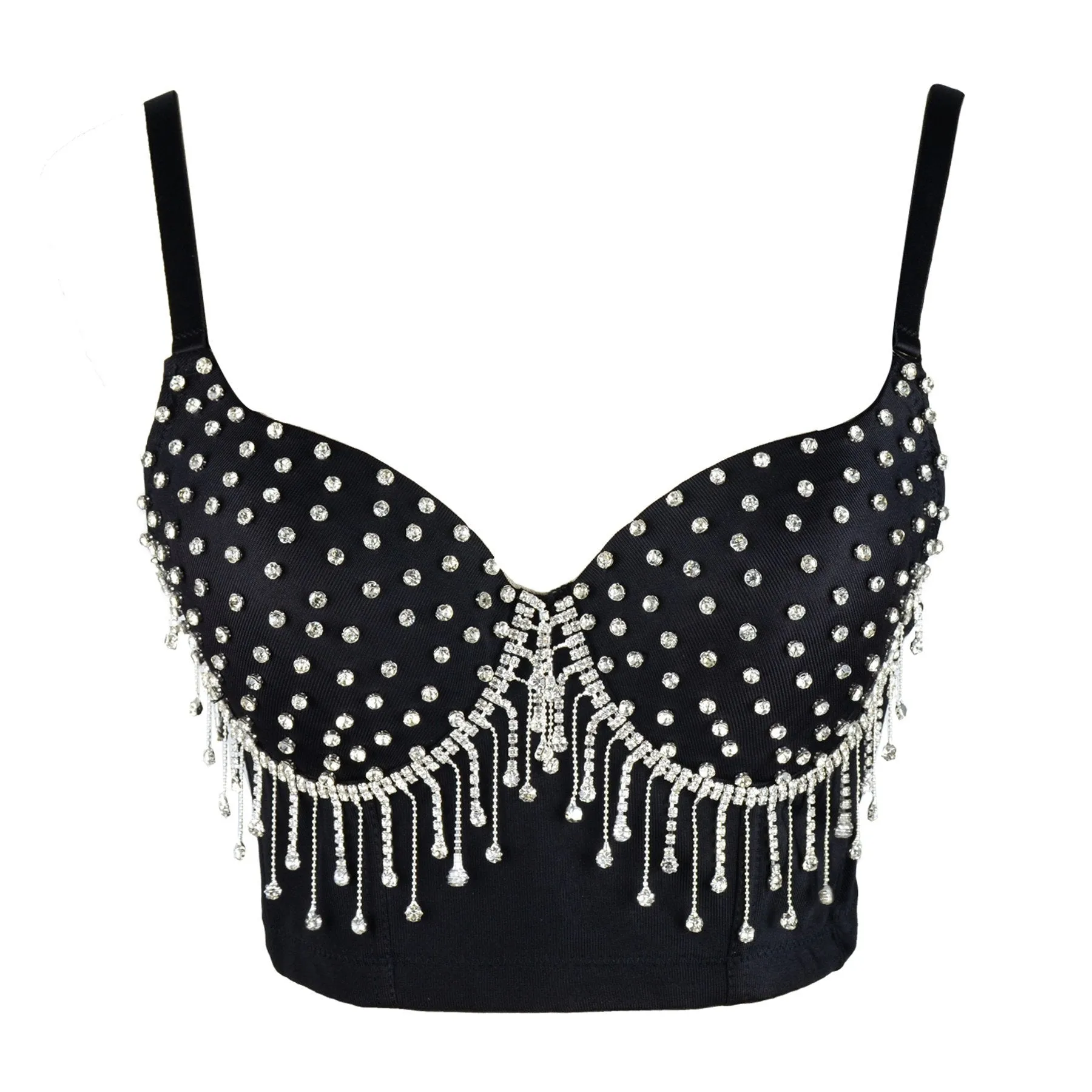 Women's Tassel Rhinestone Diamond Bustier Crop Top Luxury Corset Bra Black