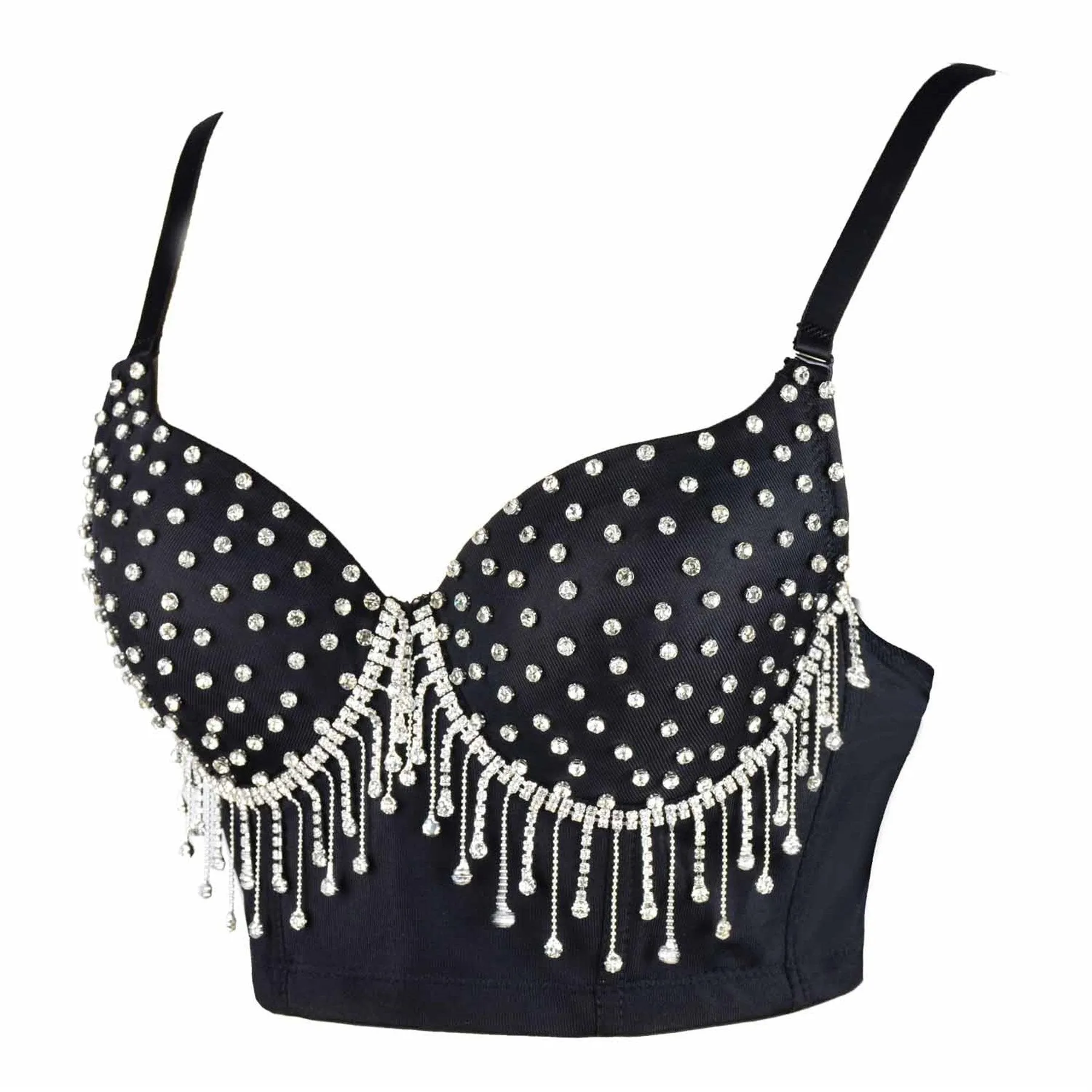 Women's Tassel Rhinestone Diamond Bustier Crop Top Luxury Corset Bra Black