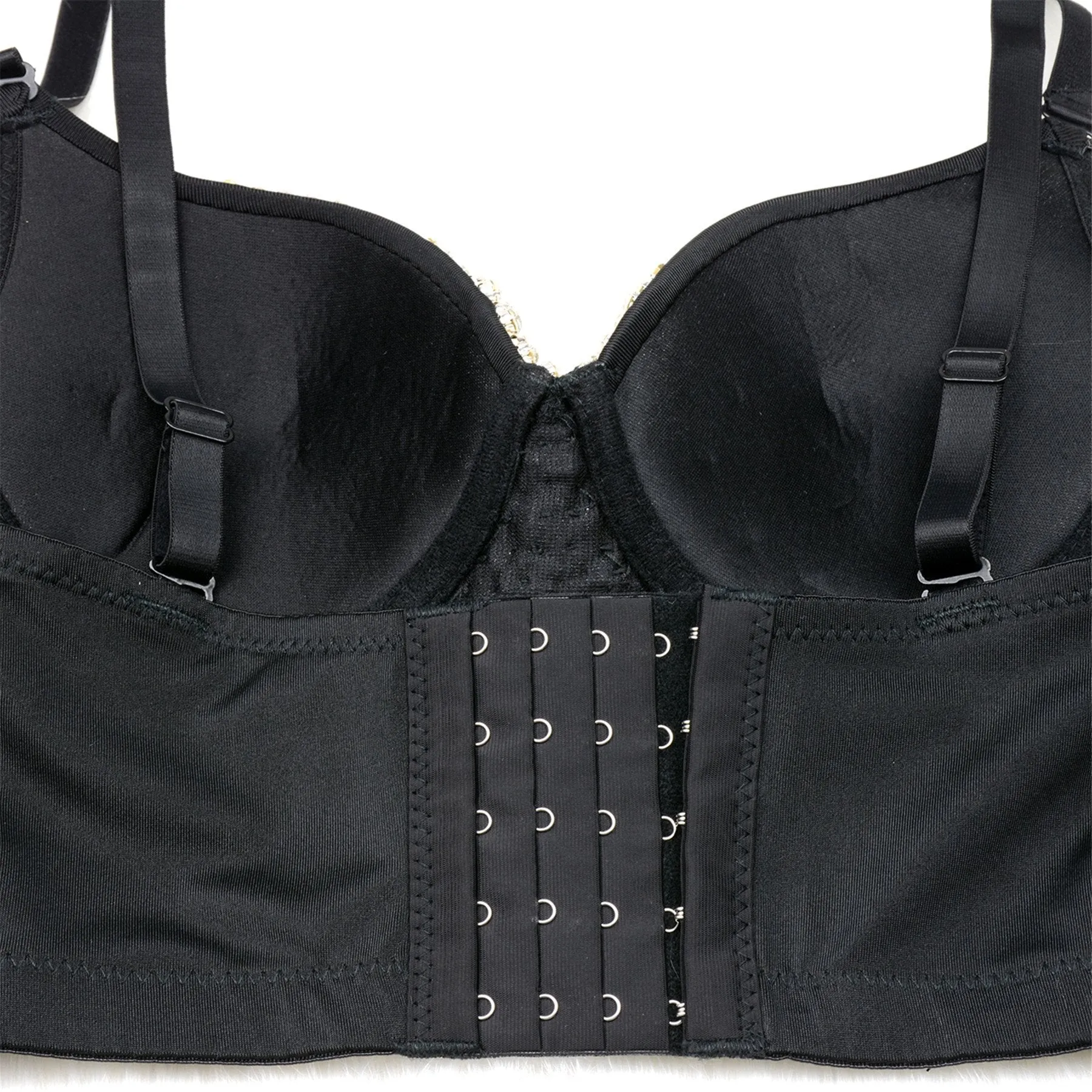 Women's Tassel Rhinestone Diamond Bustier Crop Top Luxury Corset Bra Black