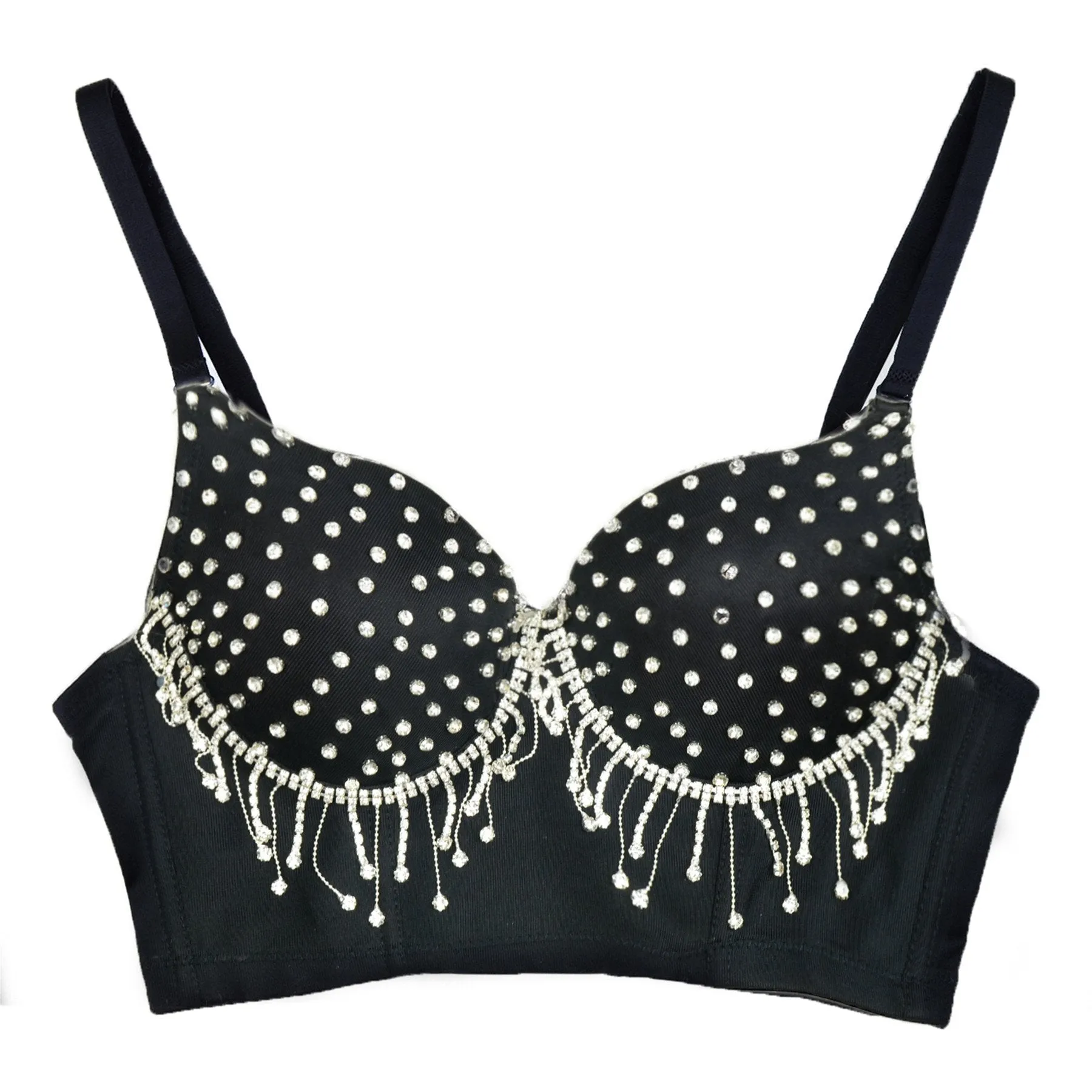 Women's Tassel Rhinestone Diamond Bustier Crop Top Luxury Corset Bra Black