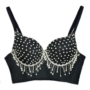 Women's Tassel Rhinestone Diamond Bustier Crop Top Luxury Corset Bra Black