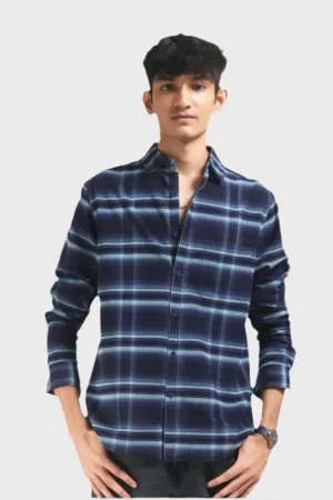 XKIND MEN'S NAVY BLUE FINE CORDUROY CHECKS REGULAR FIT SHIRT