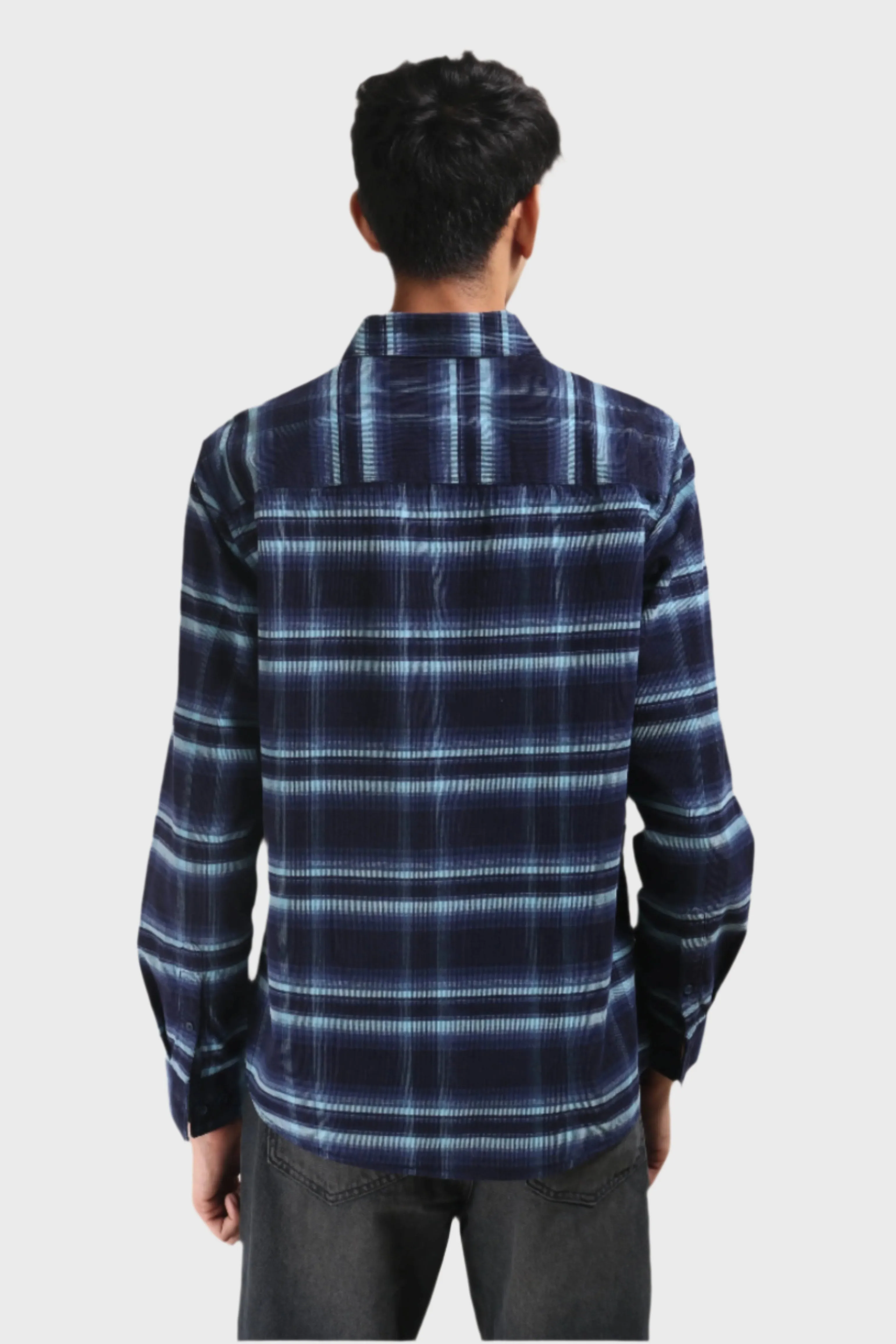 XKIND MEN'S NAVY BLUE FINE CORDUROY CHECKS REGULAR FIT SHIRT
