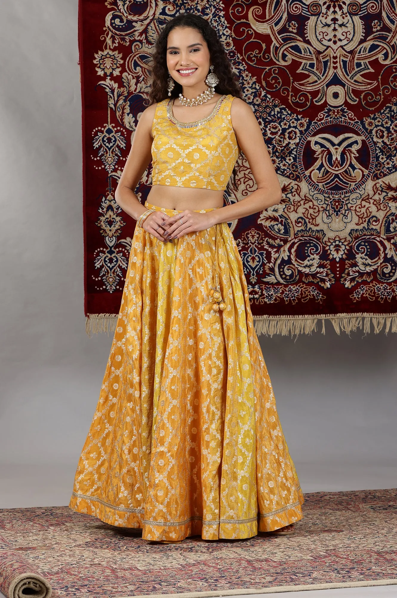 Yellow Printed Zari Embroidered Crop Top, Brocade Flared Skirt and Dupatta Set