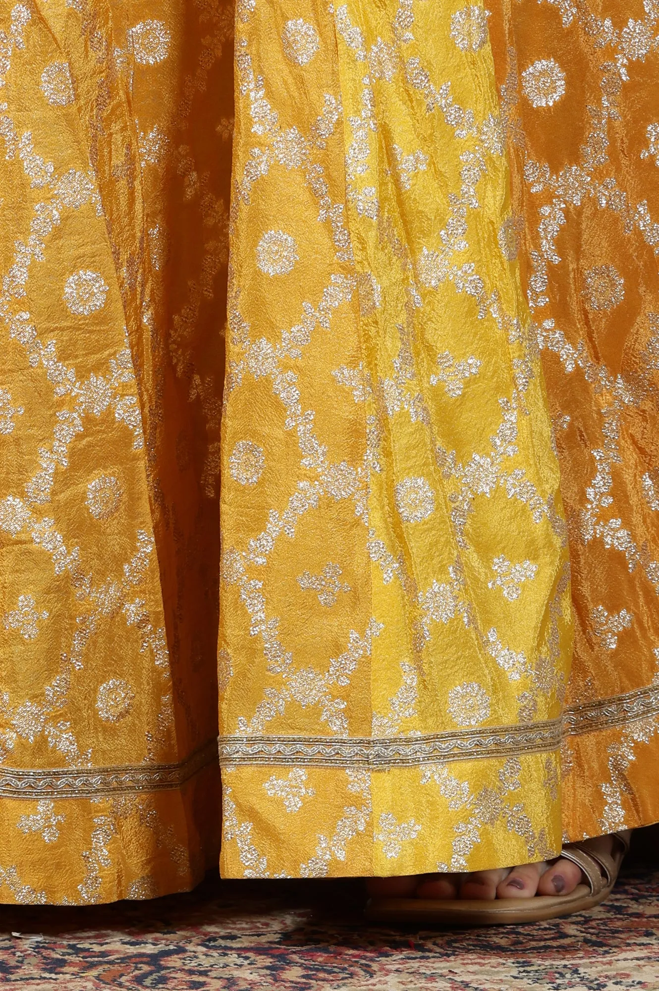 Yellow Printed Zari Embroidered Crop Top, Brocade Flared Skirt and Dupatta Set