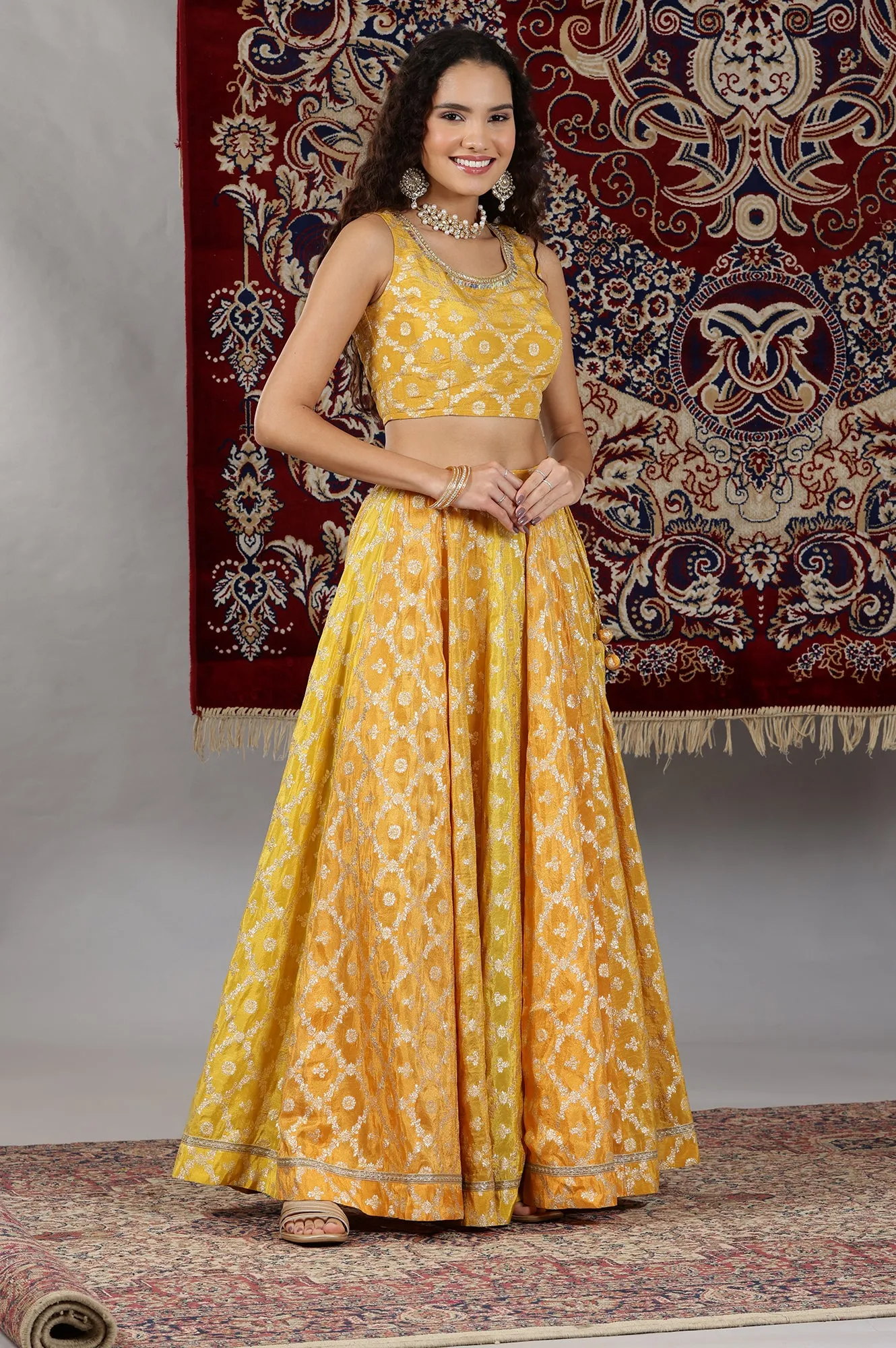 Yellow Printed Zari Embroidered Crop Top, Brocade Flared Skirt and Dupatta Set