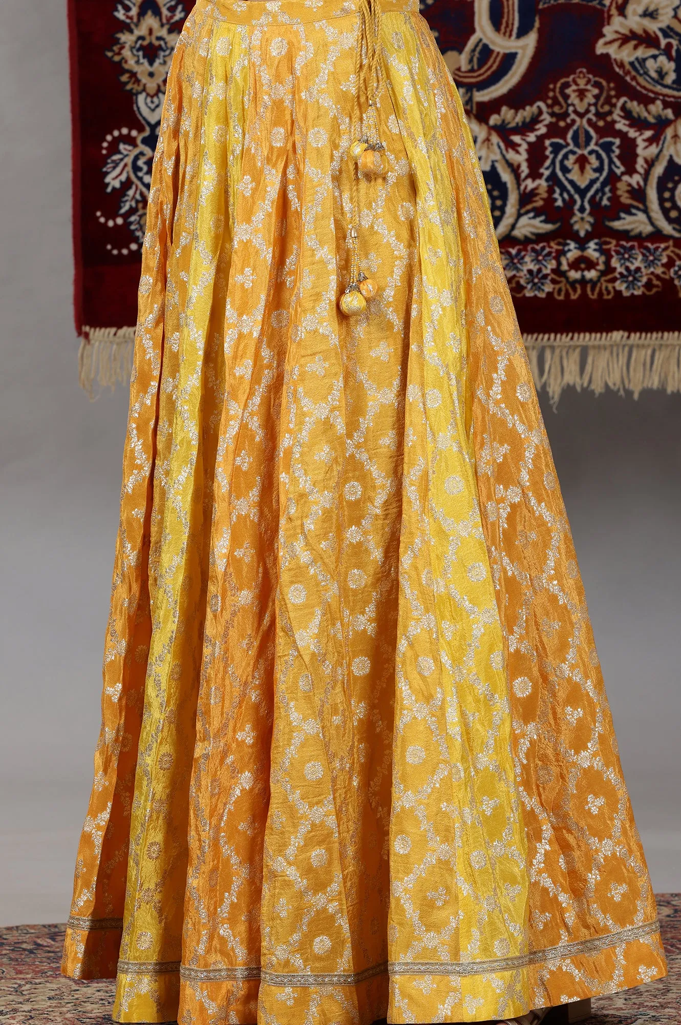 Yellow Printed Zari Embroidered Crop Top, Brocade Flared Skirt and Dupatta Set