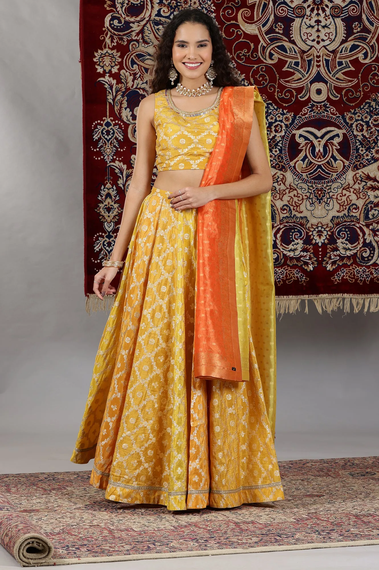 Yellow Printed Zari Embroidered Crop Top, Brocade Flared Skirt and Dupatta Set