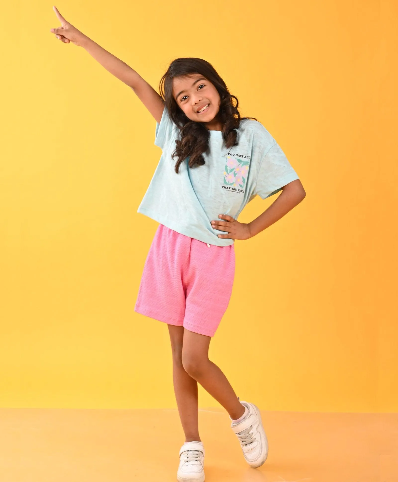 YOU HAVE ALL SKY PINK POPCORN GIRLS SHORTS SET - SKY/PINK